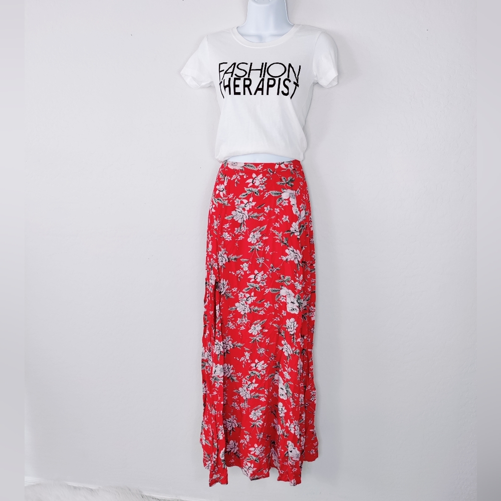 AaKaa Red Floral Maxi Skirt Small